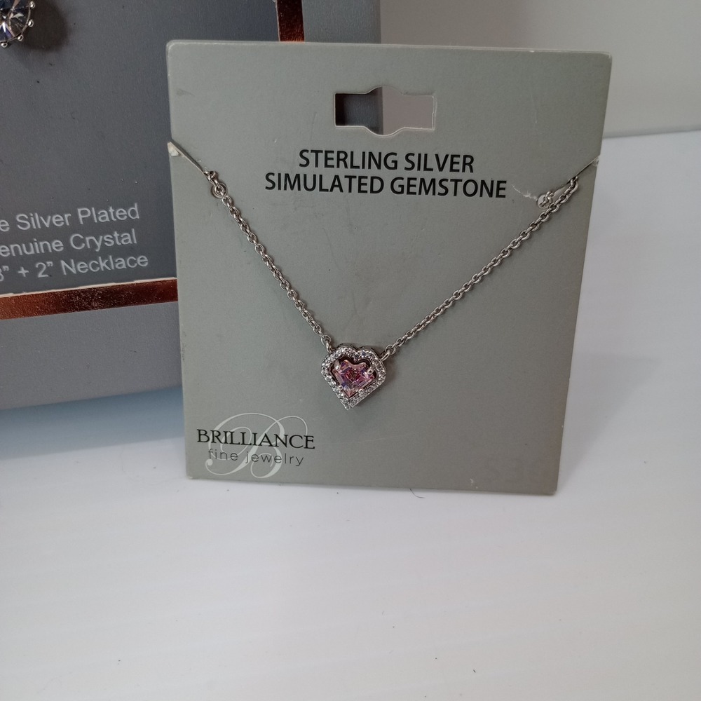 Brilliance‎ Jewelry Set Sterling Silver Heart Necklace & Crystal Earrings New - Picture 2 of 6
